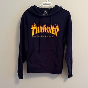Thrasher Navy Hoodie with Fiery Yellow Logo